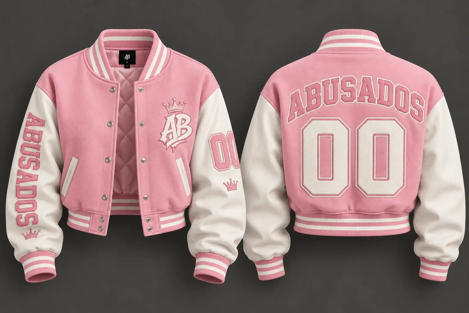Jaqueta Drip Colegial rosa e branca, frente e costas